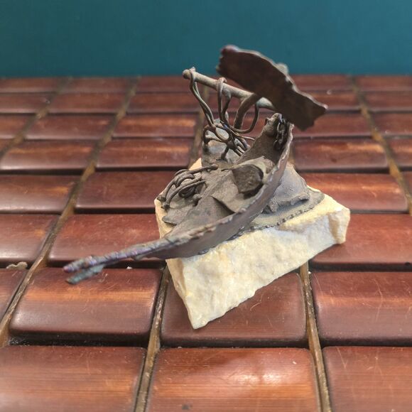 Brutalist Copper Shipwreck Sculpture on Stone Base Mid Century Vintage 5"x3.5"x3 - Picture 3 of 6